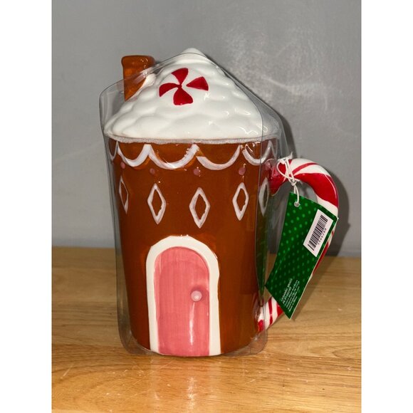 Gingerbread House Ceramic Coffee Cocoa Mug With Lid Topper & Candy Cane Handle - Picture 1 of 8